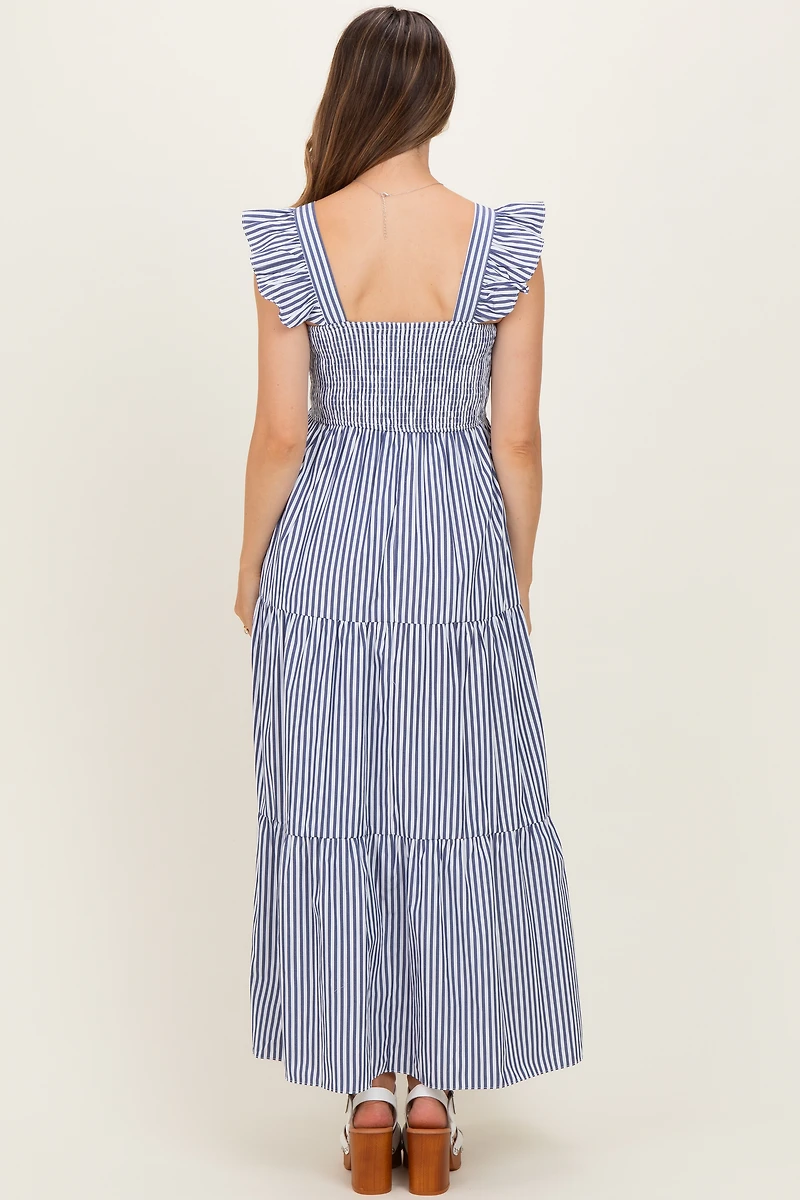 PinkBlush Womens Navy Striped Ruffle Strap Smocked Maternity Maxi Dress