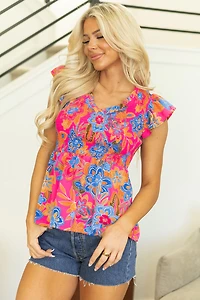 Threaded Pear Women's Zaniyah Floral Smocked Ruffle Trim Flutter Sleeve Blouse