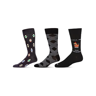 MeMoi 3 Pair Men's "Drinks and Cigars" Rayon-Blend Novelty Crew Socks