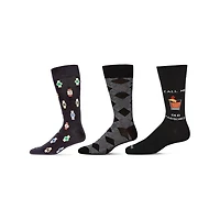 MeMoi 3 Pair Men's "Drinks and Cigars" Rayon-Blend Novelty Crew Socks