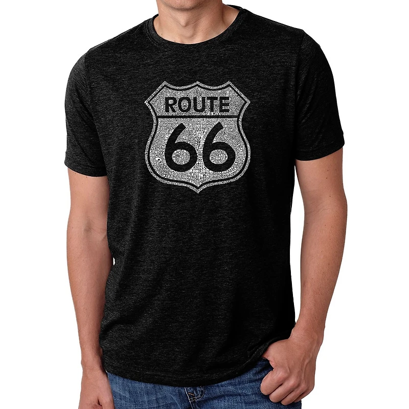 LA Pop Art Men's Cotton/Poly Blend Word T-Shirt - Cities Along The Legendary Route 66