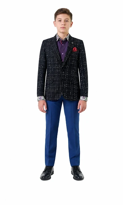 Elie Balleh Boys Slim Fit Windowpane Blazer Sports Coat