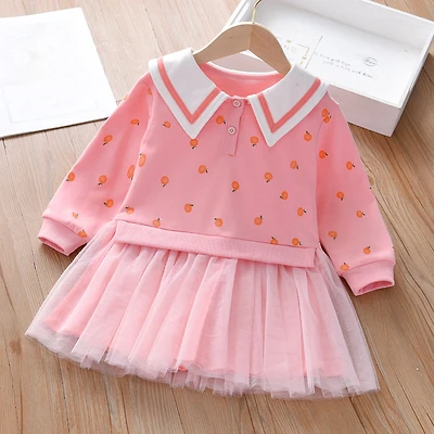 MyKids-USA Baby Girl Fruit Pattern College Style Lapel Design Mesh Patchwork Dress