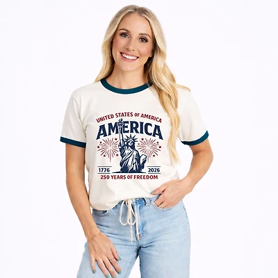 Simply Sage Market - America Statue of Liberty 250 Years Women's Ringer Graphic T-Shirt