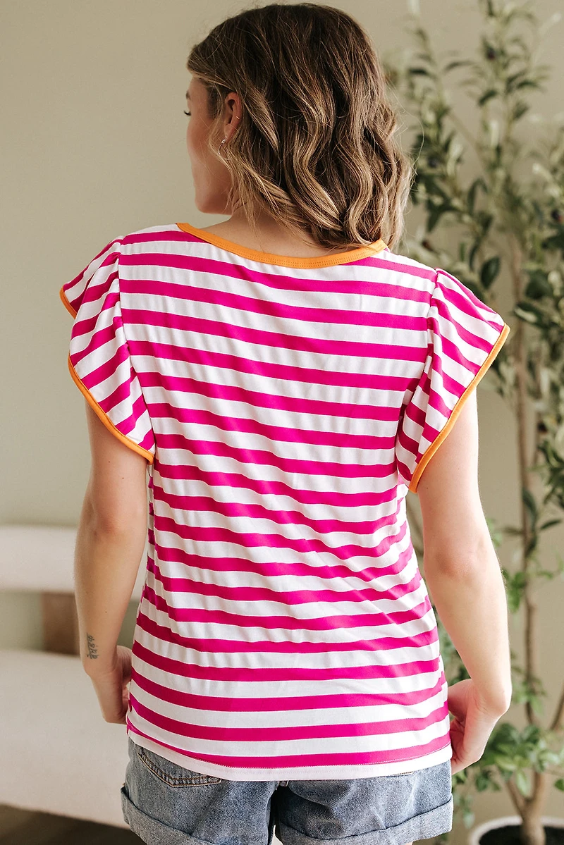 Threaded Pear Women's GloriaStriped Ruffle Sleeve Crew Neck Blouse