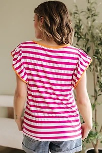 Threaded Pear Women's GloriaStriped Ruffle Sleeve Crew Neck Blouse