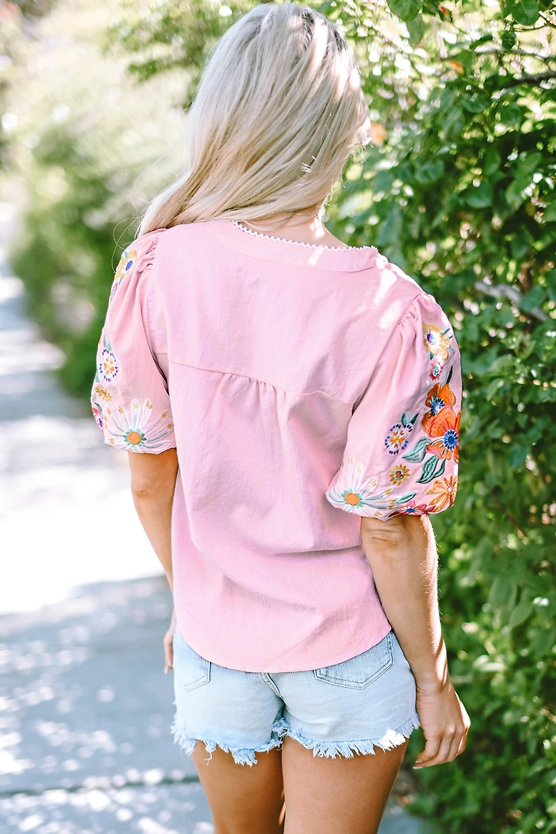 Threaded Pear Women's Araceli Floral Embroidered Puff Sleeve Split Neck Blouse