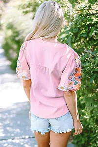 Threaded Pear Women's Araceli Floral Embroidered Puff Sleeve Split Neck Blouse