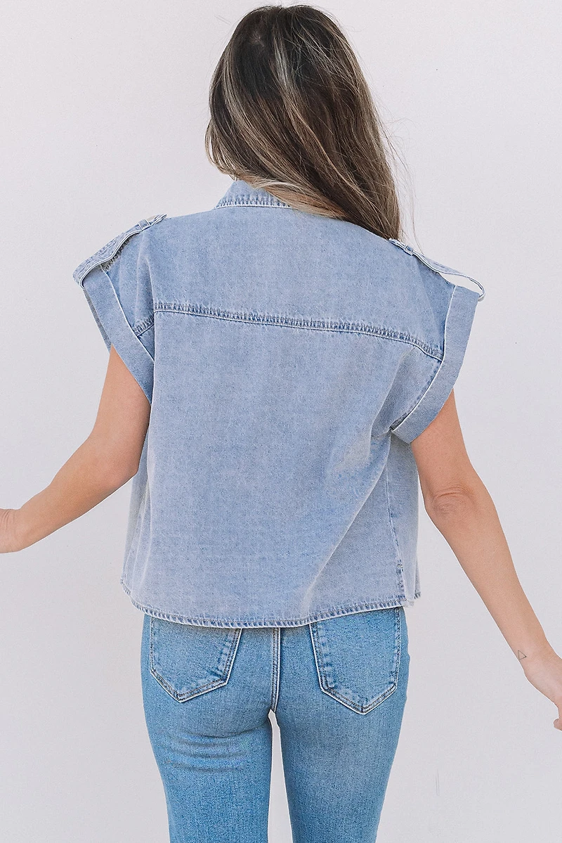 Threaded Pear Women's Emelia Denim Pinup Folded Cap Sleeve Shirt