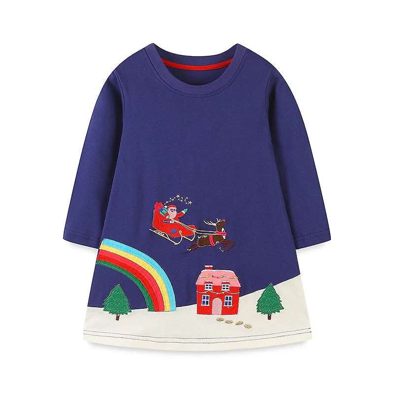 MyKids-USA Girls’ Navy Blue Christmas Cartoon Pattern Embroidery Dress
