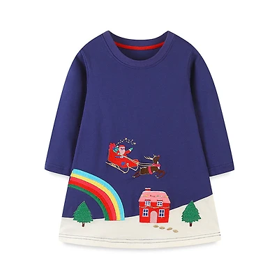 MyKids-USA Girls’ Navy Blue Christmas Cartoon Pattern Embroidery Dress