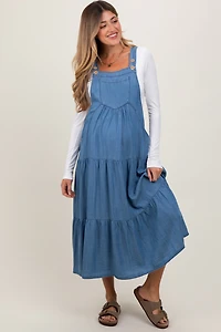 PinkBlush Womens Blue Chambray Overall Tiered Maternity Midi Dress