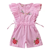 Laurenza's Toddler Girls Pink Striped Embroidered Romper