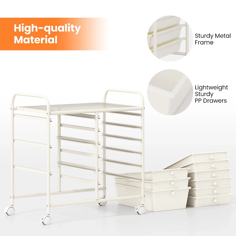 SUGIFT 9-Drawer Rolling Storage Cart with Metal Frame and PP Drawers 22-lb Tabletop Capacity White