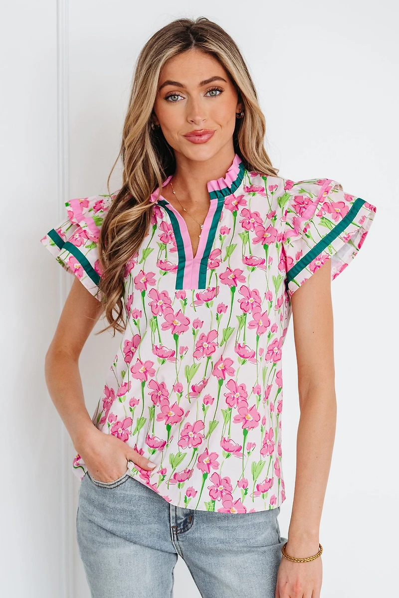 Threaded Pear Women's Elyse Ruffled Short Sleeve Blouse