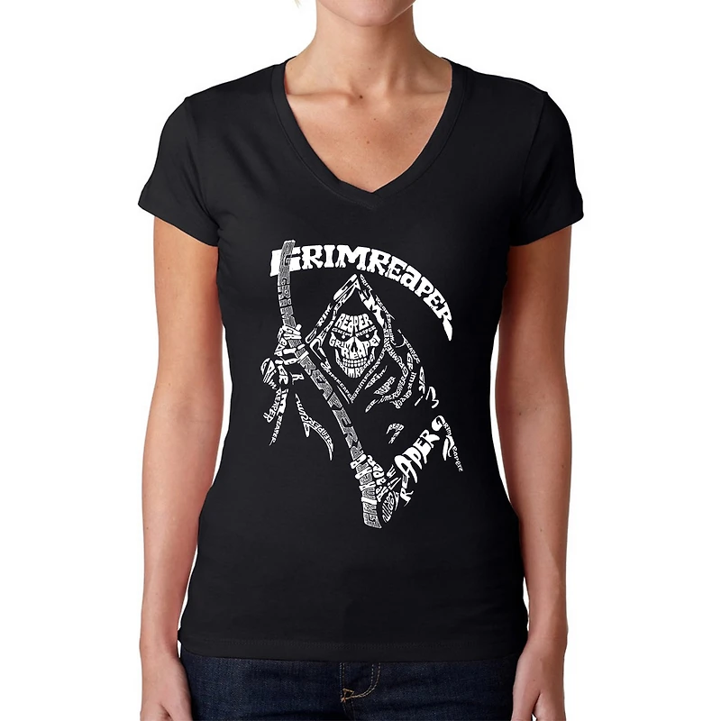 LA Pop Art Womens Word V-Neck T-Shirt - Grim Reaper