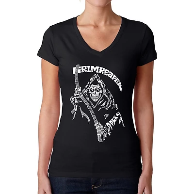 LA Pop Art Womens Word V-Neck T-Shirt - Grim Reaper