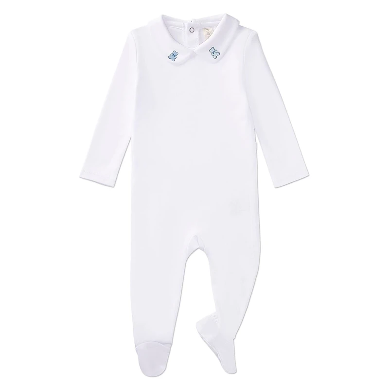 MeMoi Baby and Toddler 100% Pima Cotton Peter Pan Collar Footie with Teddy Bear Embroidery