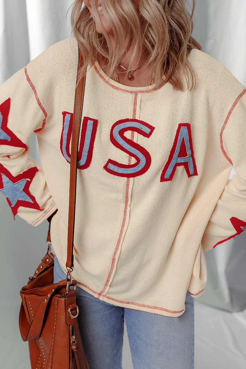 Threaded Pear Women's USA Patchwork Exposed Seam Long Sleeve Top