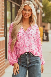 Threaded Pear Women's Adalyn Floral Puff Sleeve Lightweight Blouse