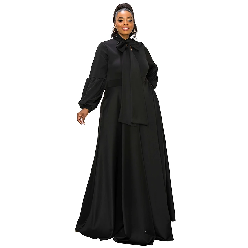L I V D Women's Plus Bella Donna Dress with Ribbon and Bishop Sleeves