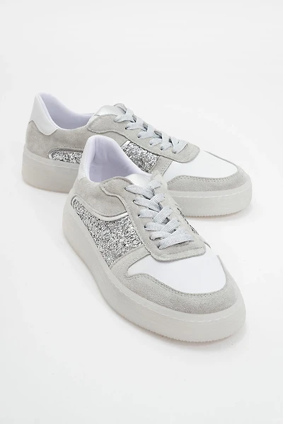 Forever & Always Womens Felipe Glitter Leather Sneakers