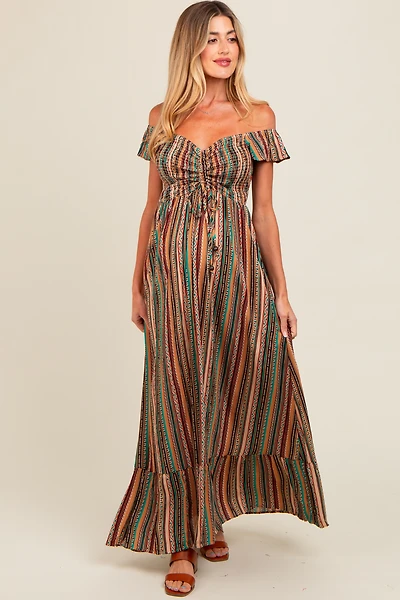 PinkBlush Womens Multicolor Off Shoulder Cinched Maternity Maxi Dress