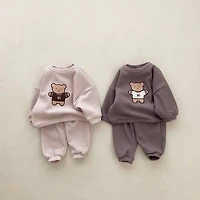 MyKids-USA Baby Cartoon Bear Embroidered Pattern Waffle Fabric Hoodies Sets