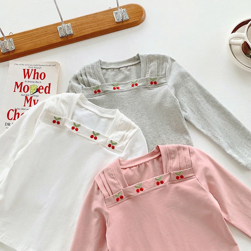 MyKids-USA Autumn Design Kids Girls Square Neck Long Sleeves Cherry Embroidery Pattern Top Shirt