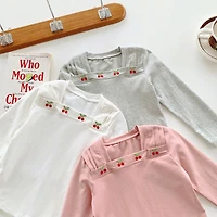 MyKids-USA Autumn Design Kids Girls Square Neck Long Sleeves Cherry Embroidery Pattern Top Shirt