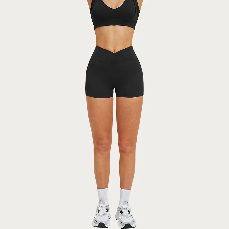 Anna-Kaci Women's High Waist Crossover Athletic Biker Shorts Stretch Workout Yoga with Side Pocket