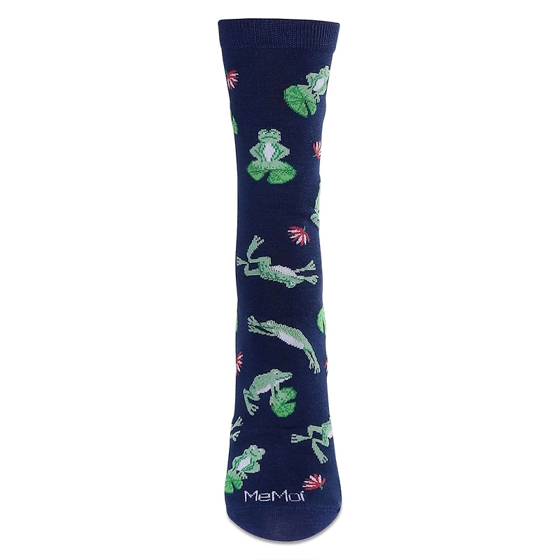 MeMoi Women's Embroidered Frogs Bamboo Crew Socks