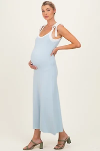 PinkBlush Womens Light Blue Knit Contrast Shoulder Tie Maternity Dress