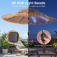 SUGIFT Solar 96-Light Thatched Tiki Patio Umbrella with 12 Lighting Modes 9-ft Canopy Natural and Black