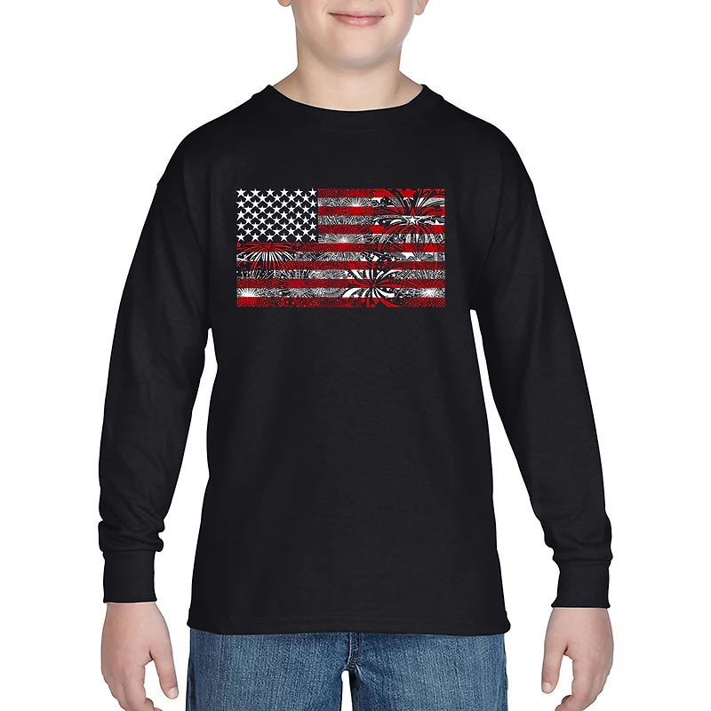 LA Pop Art Boys Long Sleeve T-Shirt - Fireworks American Flag