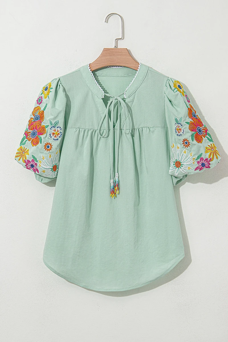 Threaded Pear Women's Reya Floral Embroidered Puff Sleeve Split Neck Blouse