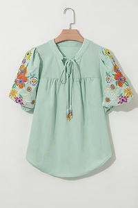 Threaded Pear Women's Reya Floral Embroidered Puff Sleeve Split Neck Blouse