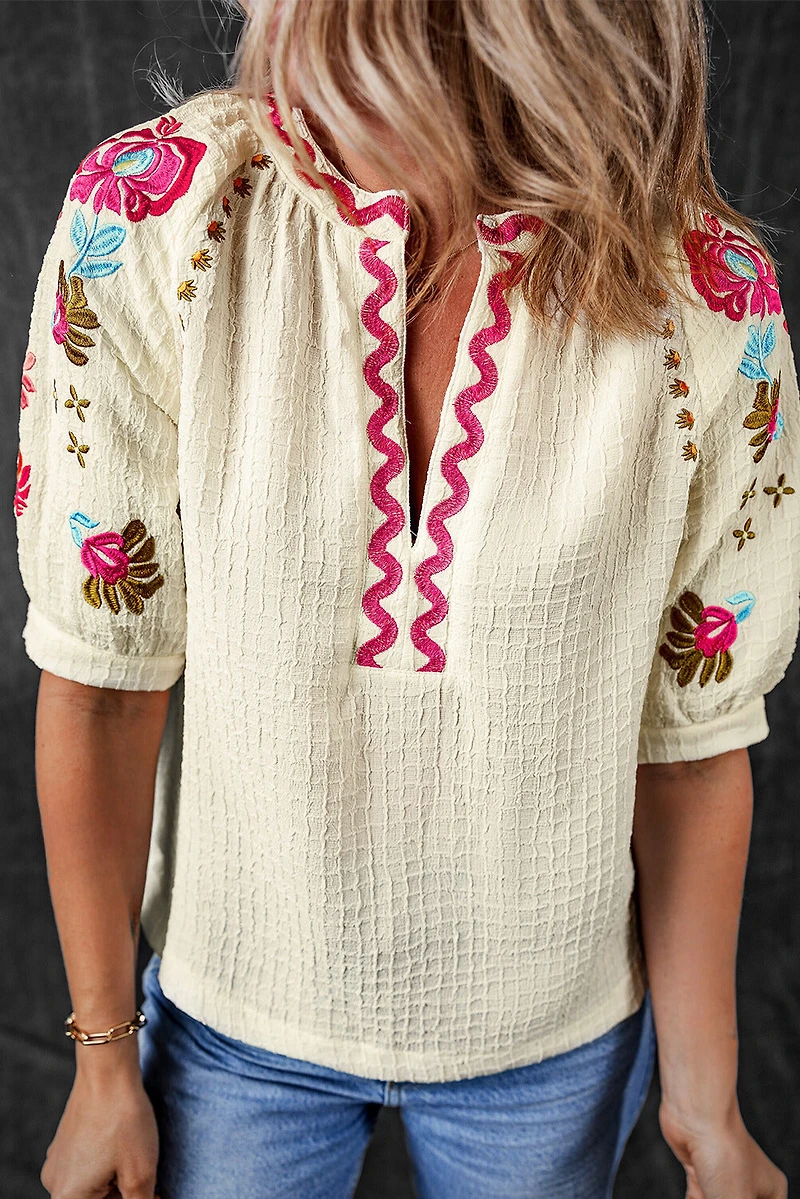 Threaded Pear Women's August Floral Embroidered Puff Sleeve Blouse