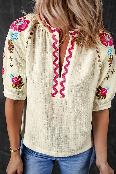 Threaded Pear Women's August Floral Embroidered Puff Sleeve Blouse