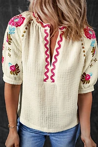 Threaded Pear Women's August Floral Embroidered Puff Sleeve Blouse
