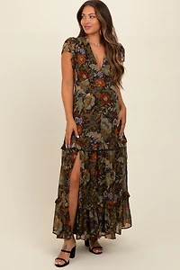 PinkBlush Womens Black Floral Deep V-Neck Tiered Maternity Maxi Dress