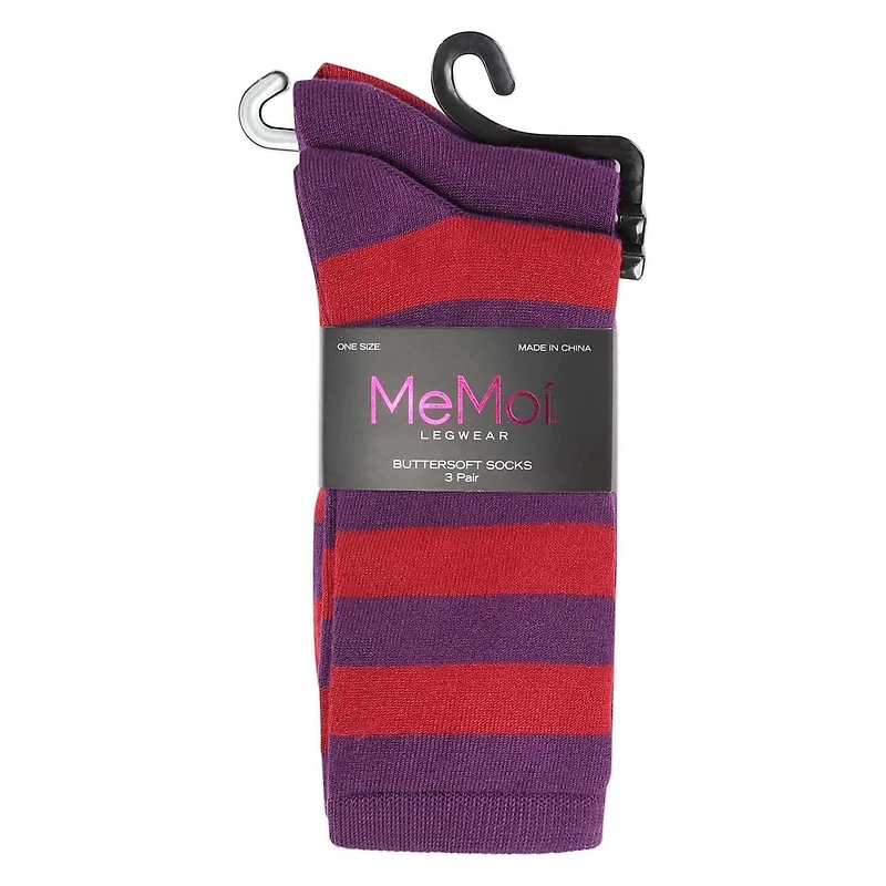 MeMoi 3 Pair Women's Buttersoft Crew Socks - Stripes and Solid Colors