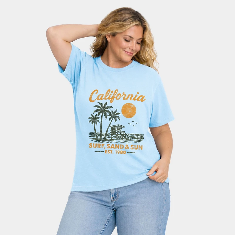 Simply Sage Market - California Surf, Sand & Sun Women's Plus Sized Garment Dyed Graphic T-Shirt