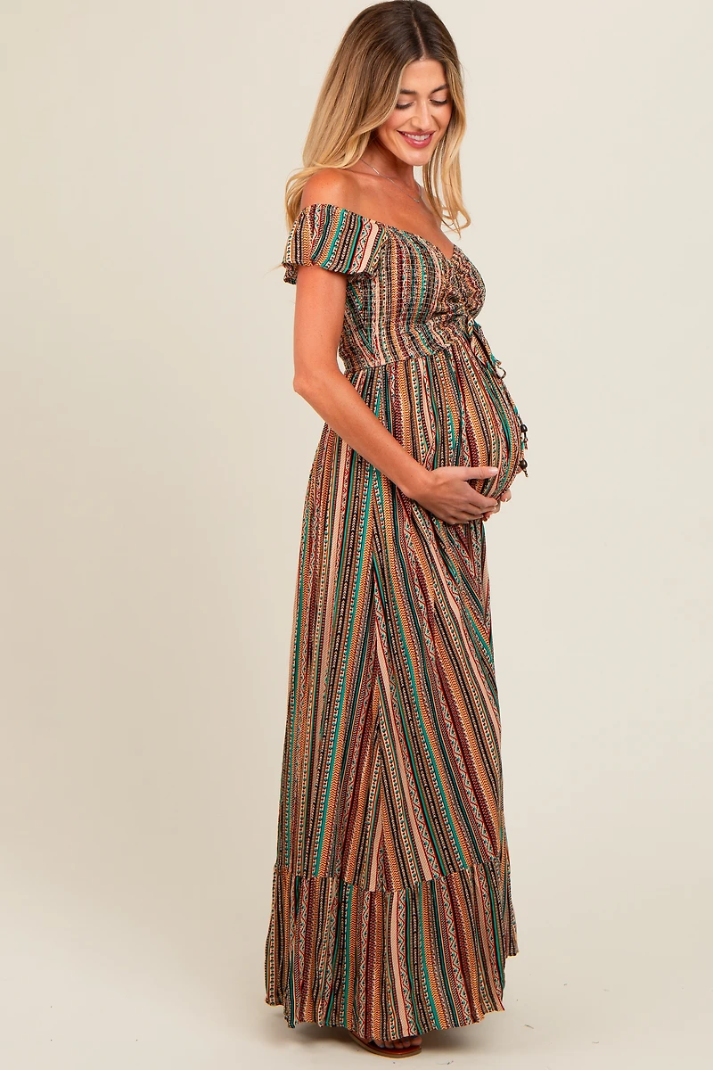 PinkBlush Womens Multicolor Off Shoulder Cinched Maternity Maxi Dress
