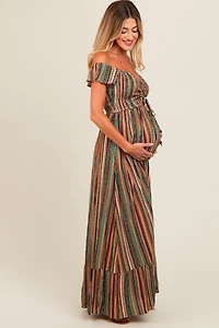 PinkBlush Womens Multicolor Off Shoulder Cinched Maternity Maxi Dress
