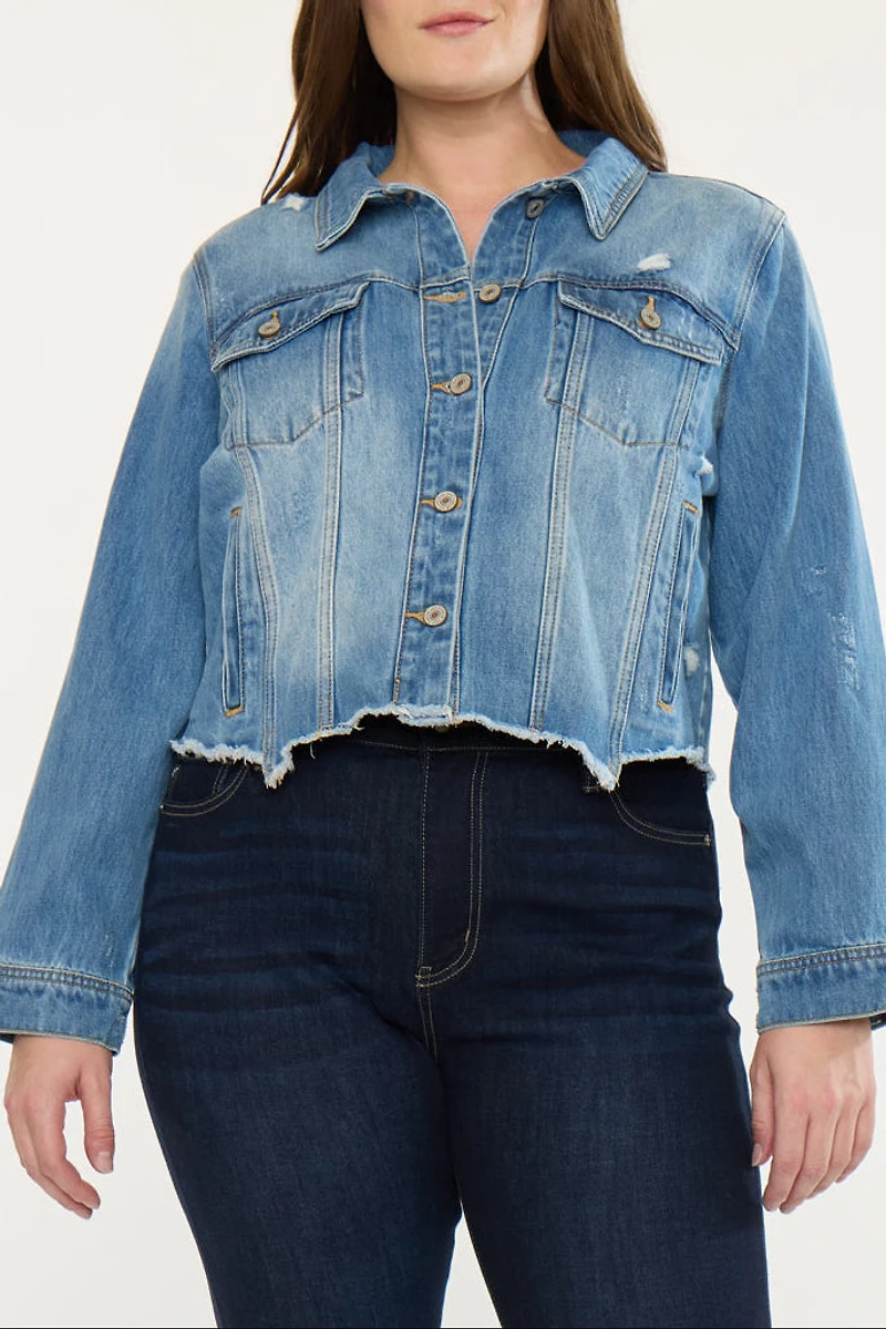 KanCan Women's Plus Distressed Denim Jacket Vianca