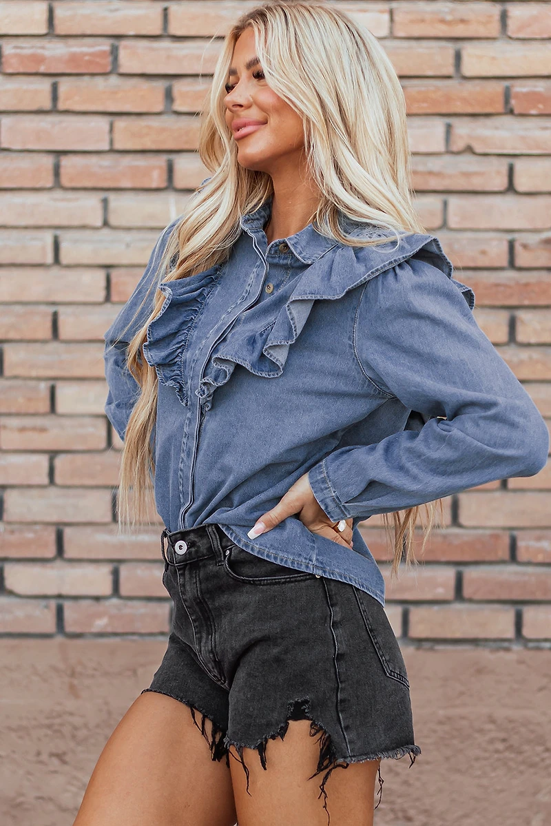 Threaded Pear Women's Trinity Denim Ruffled Casual Top