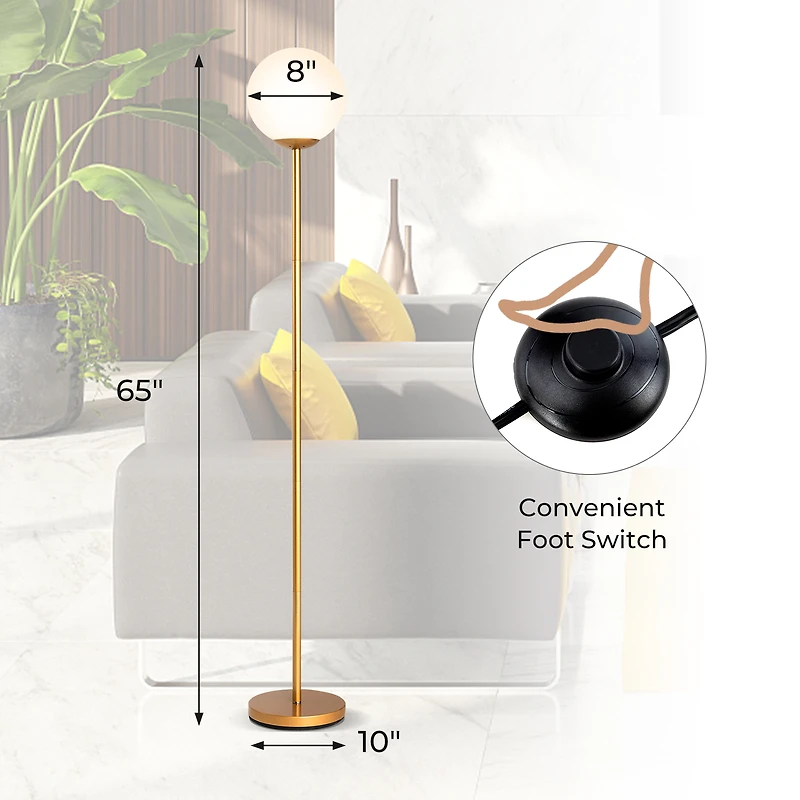 Slickblue Gold Standing Floor Lamp 65in Slim Steel Frame Glass Shade Reading Corner Light