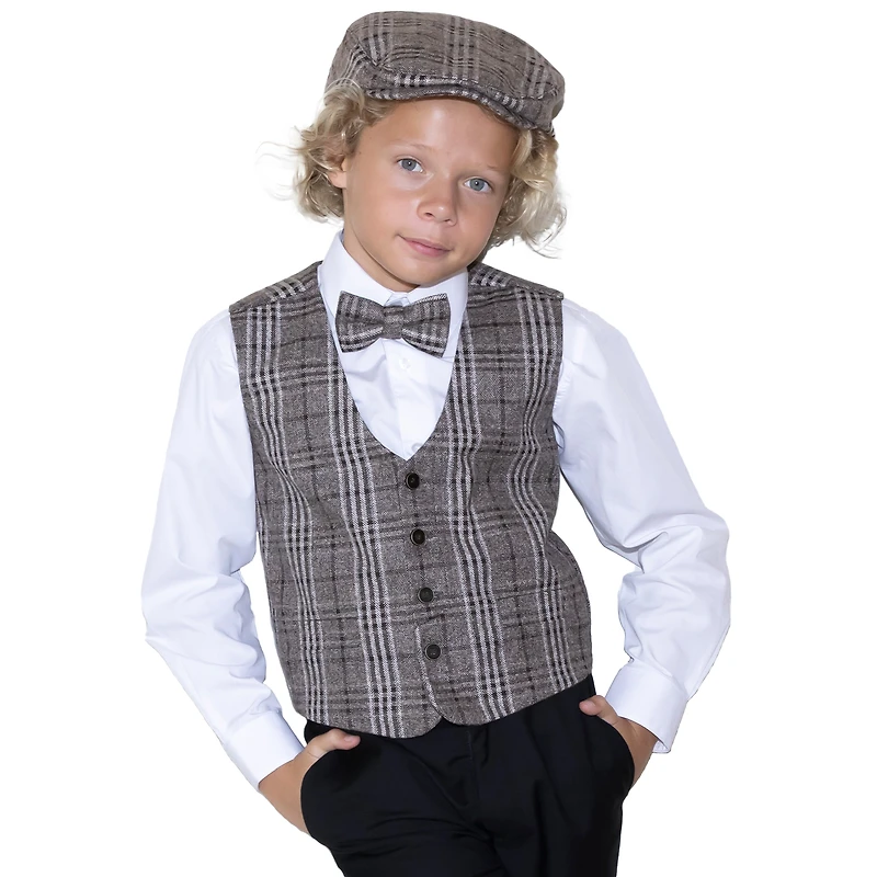 Gioberti Boy's 3pc Tweed Vest With Matching Cap And Bow Tie