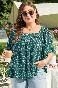 Threaded Pear Women's Adelynn Square Ruffled Trim PLUS Blouse